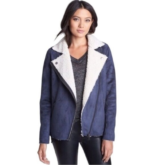 Leith Jackets & Blazers - Leith Moto Jacket Size Small Suede Faux Shearling Lined Asymmetric Zipper Blue